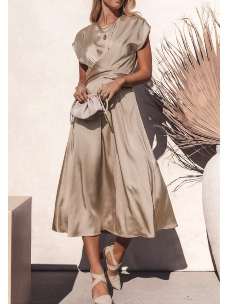 Elisabeth Rot Satin Crossover Midi Kleid für Damen | Elegante A-Linie Passform | Hochzeiten und Abendanlässe | Rückenschleife - S/M/L/XL