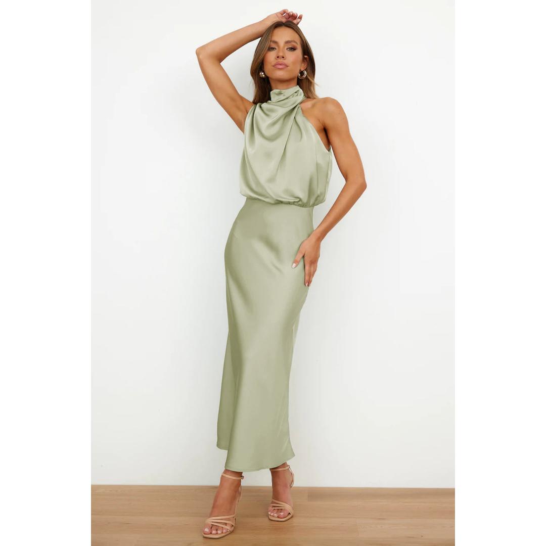 Sonja Hellgrün Satin Cowl-Neckholder Abendkleid für Damen | Elegante Silhouette | Hochzeit Abendanlass - S/M/L/XL