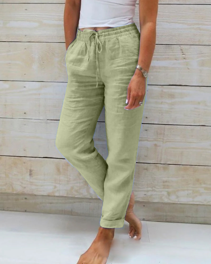 Elsbeth Blau Leinen Straight-Leg Hose für Damen | Elastischer Kordelzugbund | Sommer Alltag - S-5XL