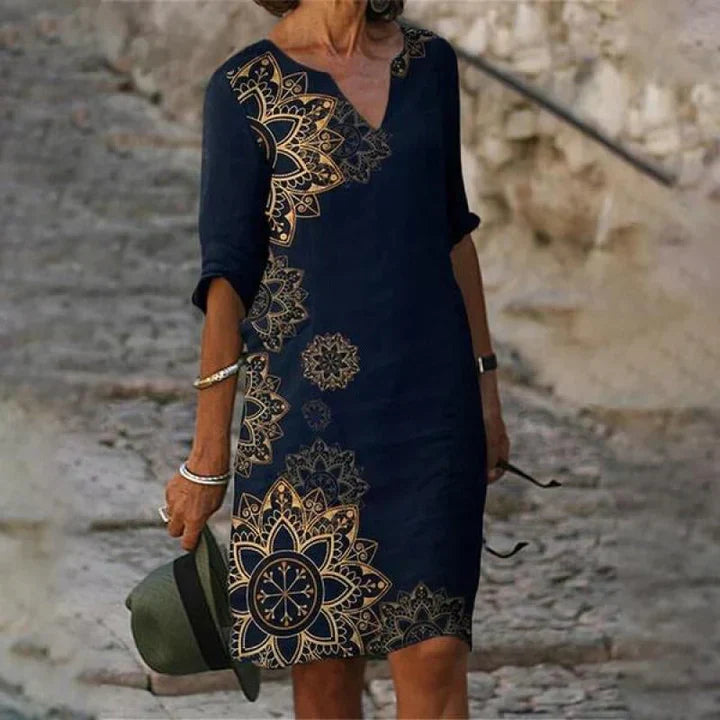 Rosemarie Weiss Bedrucktes Midi-Kleid für Damen mit V-Ausschnitt | Leichter Komfort Alltagsstil - S/M/L/XL/2XL/3XL