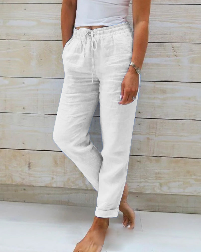 Elsbeth Blau Leinen Straight-Leg Hose für Damen | Elastischer Kordelzugbund | Sommer Alltag - S-5XL