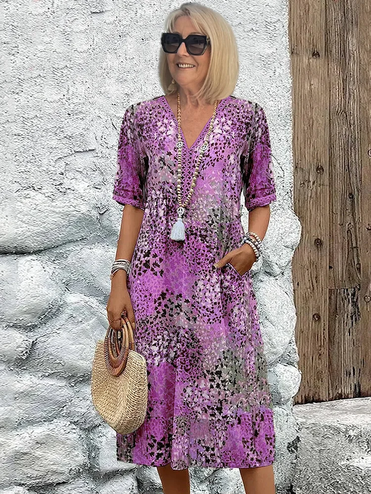 Vreni Beige Floral Print V-Neck Midi Dress for Women | Flowy Relaxed Fit | Sommerurlaub - S/M/L/XL/2XL/3XL