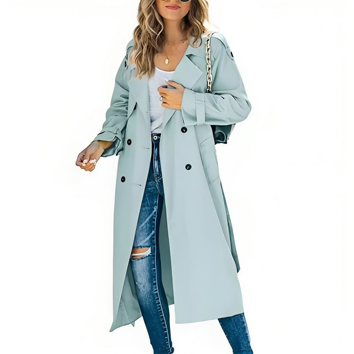 Monika Rosa Zweireihiger Langer Trenchcoat für Damen | Atmungsaktiv Casual Elegant - XS/S/M/L/XL/2XL/3XL
