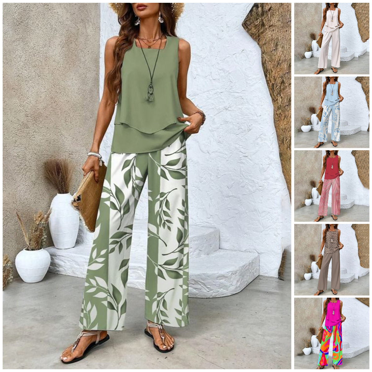 Monika Grünes Blatt Ärmellos Blattdruck Zweiteiler Damen-Set | Leichter Fliessender Look | Sommer Casual - S-3XL