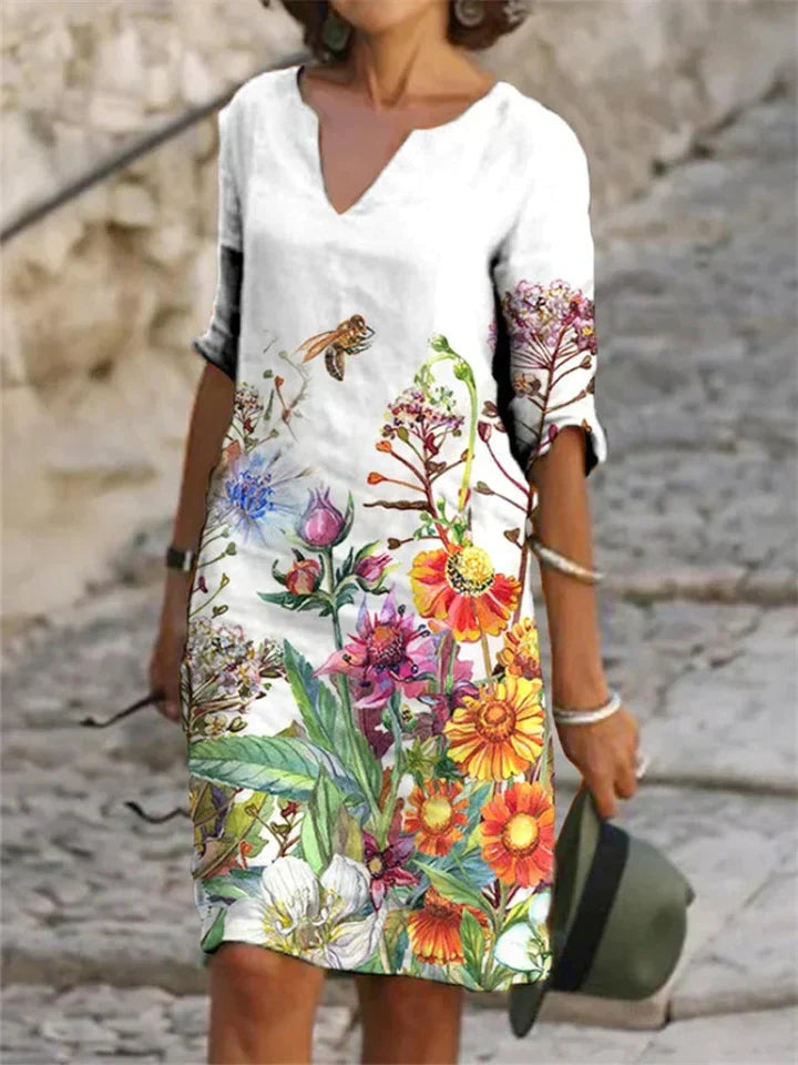 Rosemarie Weiss Bedrucktes Midi-Kleid für Damen mit V-Ausschnitt | Leichter Komfort Alltagsstil - S/M/L/XL/2XL/3XL