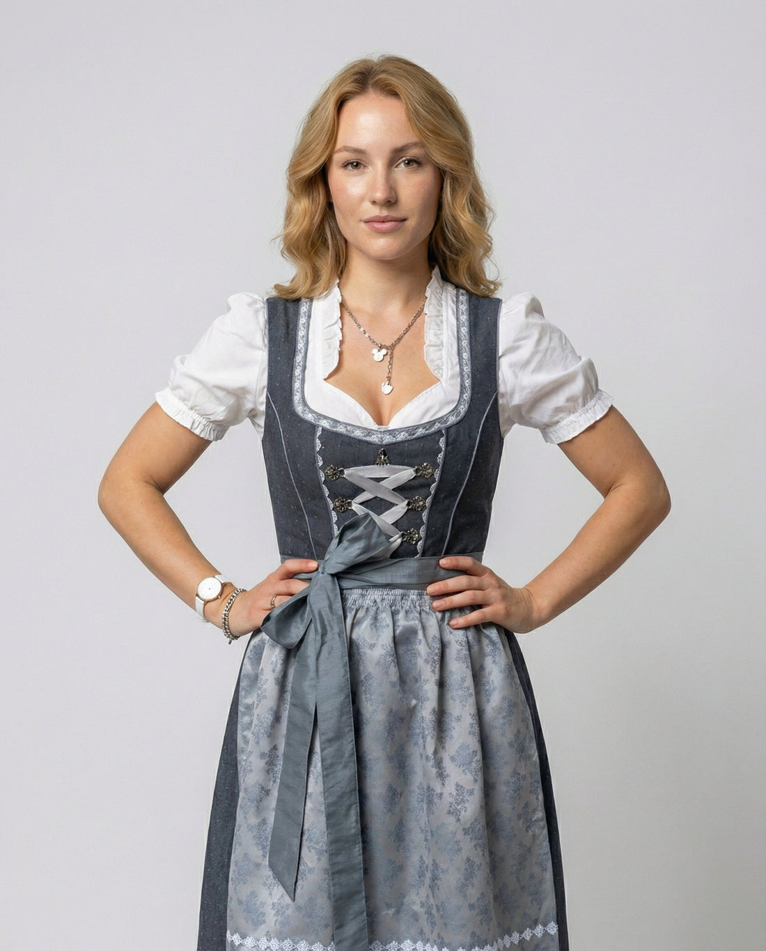 Wilhelmine Grau-Blau Midi Dirndl 3-teilig für Damen | Trachtenkleid Oktoberfest Stickerei - XS/S/M/L/XL/2XL/3XL/4XL