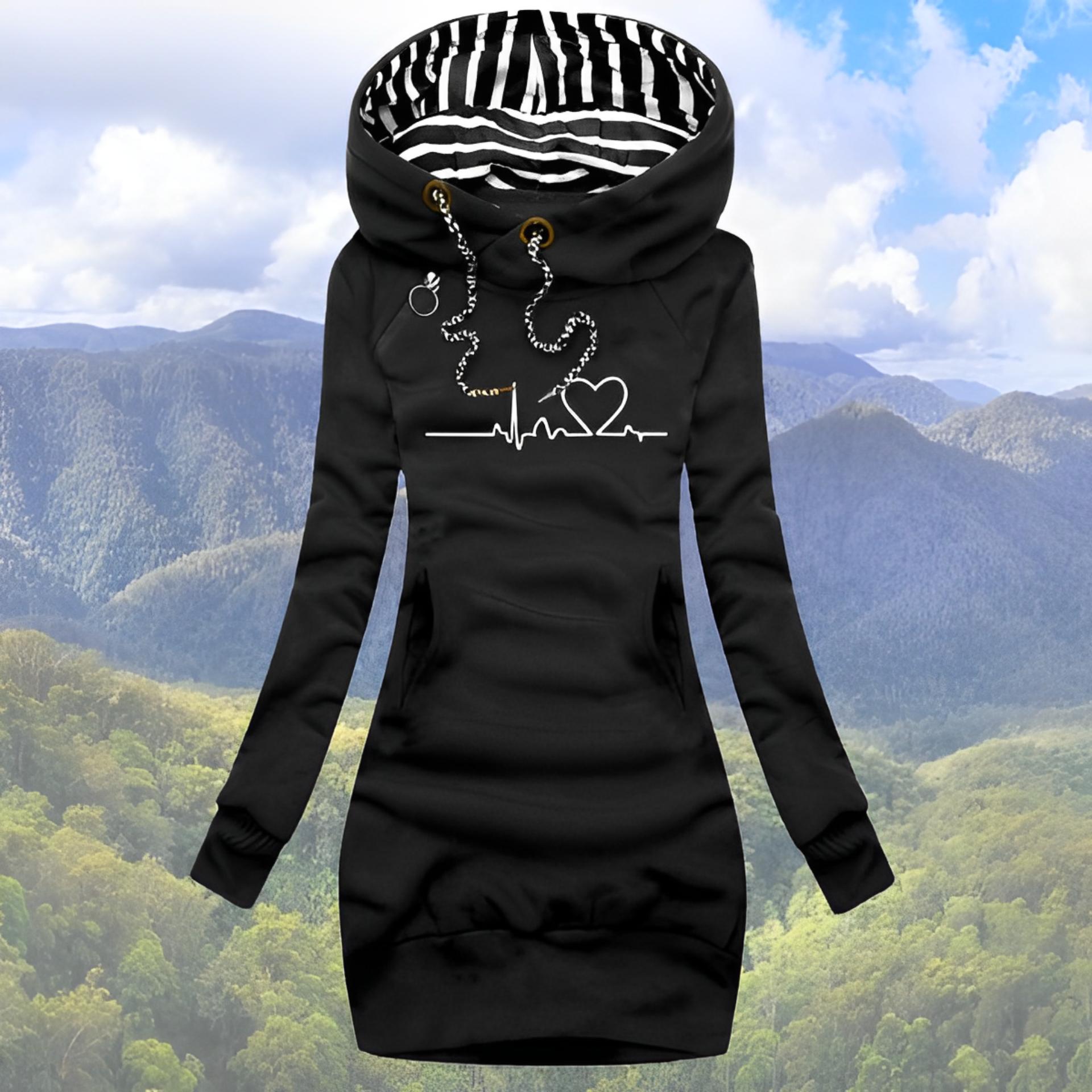 Livia Armeegrün Longline Bedruckter Kapuzenpullover für Damen | Herz-EKG-Print Casual Hoodie-Kleid - S-3XL