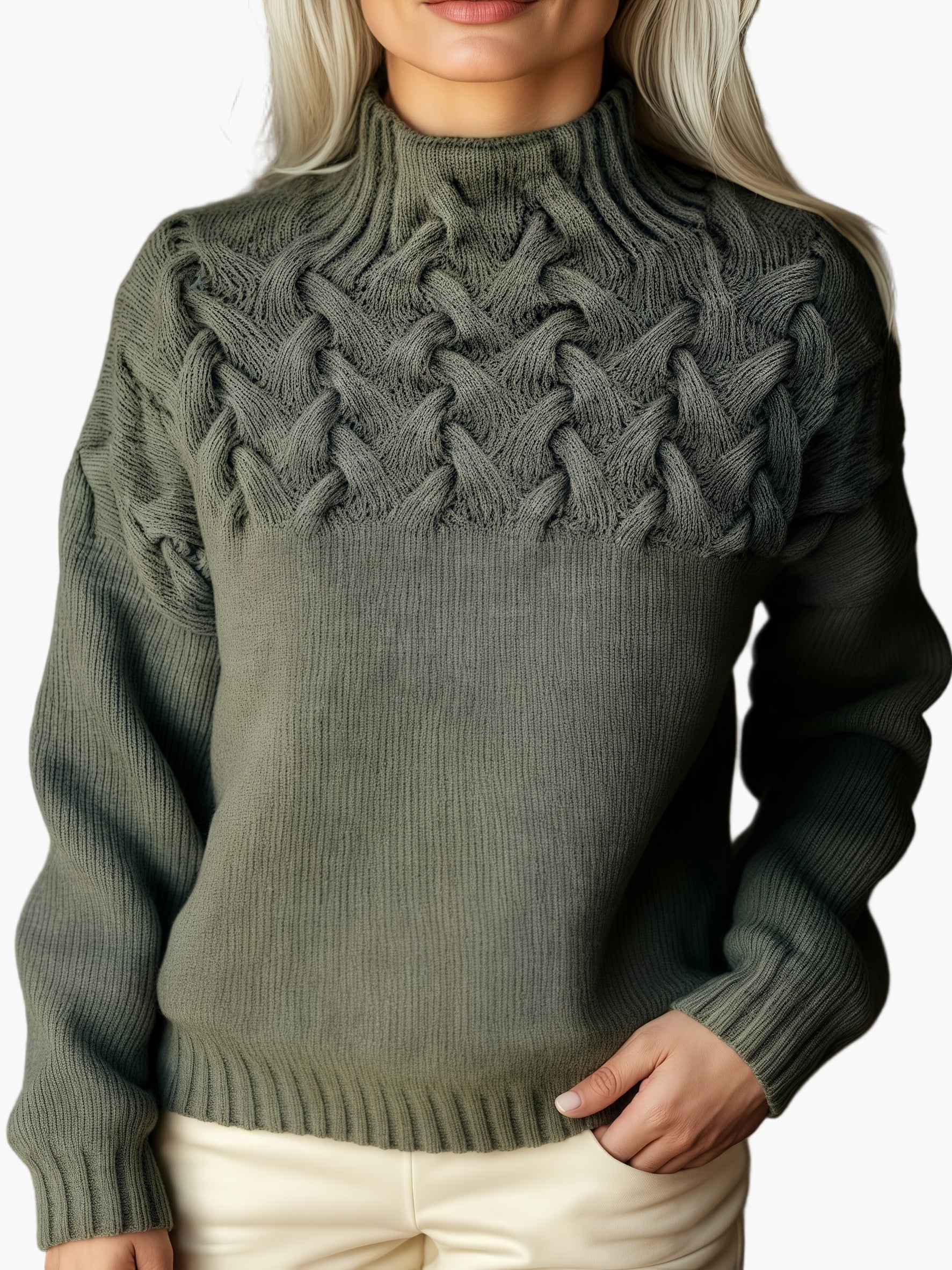 Trudi Dunkelgrau Grobstrick-Pullover mit Zopfmuster und Stehkragen für Damen | Oversized Winter Casual - S/M/L/XL