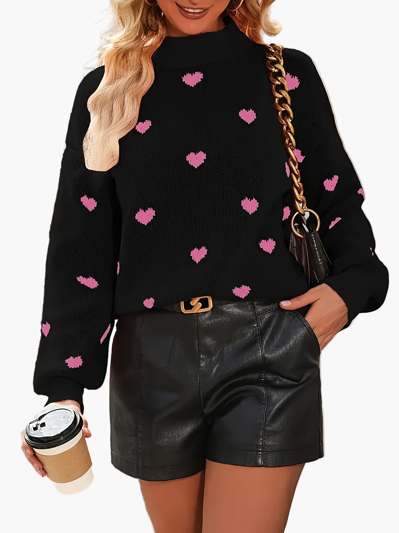 Lotti Schwarz Oversized Strickpullover mit Herzmuster für Damen | Romantischer Casual Stil - XS/S/M/L/XL
