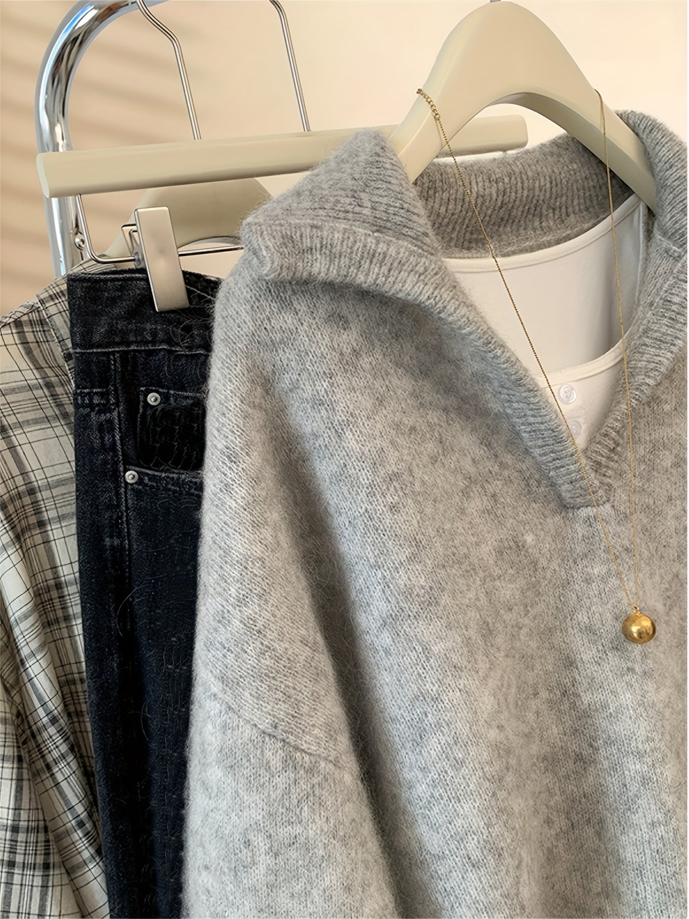 Verena Grau Oversized Strickpullover mit V-Ausschnitt und Kragen für Damen | Vintage Casual Herbst - S/M/L/XL/2XL