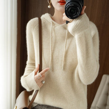 Waltraud Beige Weicher Strick-Kapuzenpullover für Damen | Relaxed Fit mit Kapuze Casual Winter - S/M/L/XL/2XL