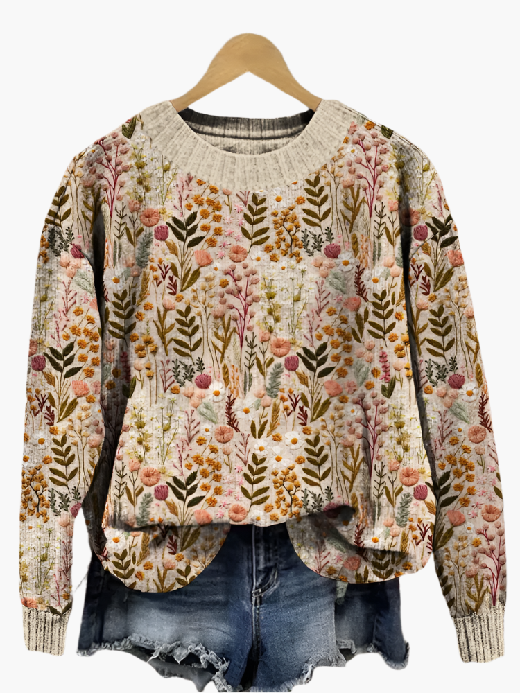 Silvia Beige Geblümter Oversized Strickpullover für Damen | Botanischer Blumen-Druck Casual Stil - S-4XL