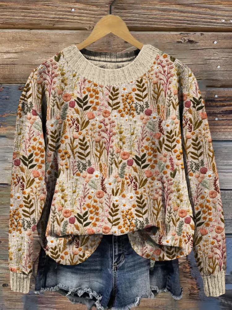 Silvia Beige Geblümter Oversized Strickpullover für Damen | Botanischer Blumen-Druck Casual Stil - S-4XL