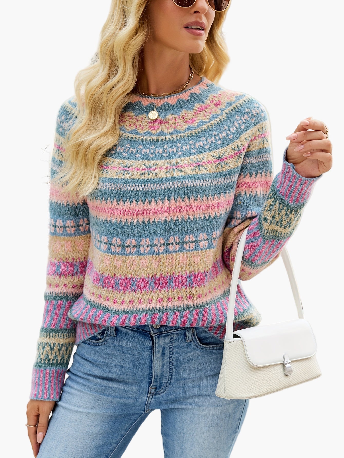 Hannelore Dunkelgrau Fair Isle Gemusterter Strickpullover für Damen | Rundhals Herbst Winter Casual - S/M/L/XL