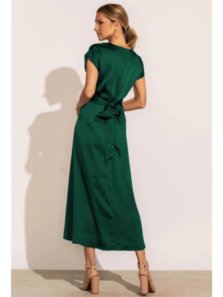 Elisabeth Rot Satin Crossover Midi Kleid für Damen | Elegante A-Linie Passform | Hochzeiten und Abendanlässe | Rückenschleife - S/M/L/XL