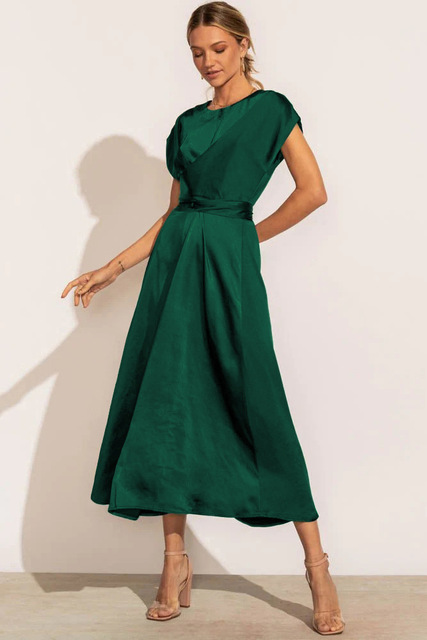 Elisabeth Rot Satin Crossover Midi Kleid für Damen | Elegante A-Linie Passform | Hochzeiten und Abendanlässe | Rückenschleife - S/M/L/XL