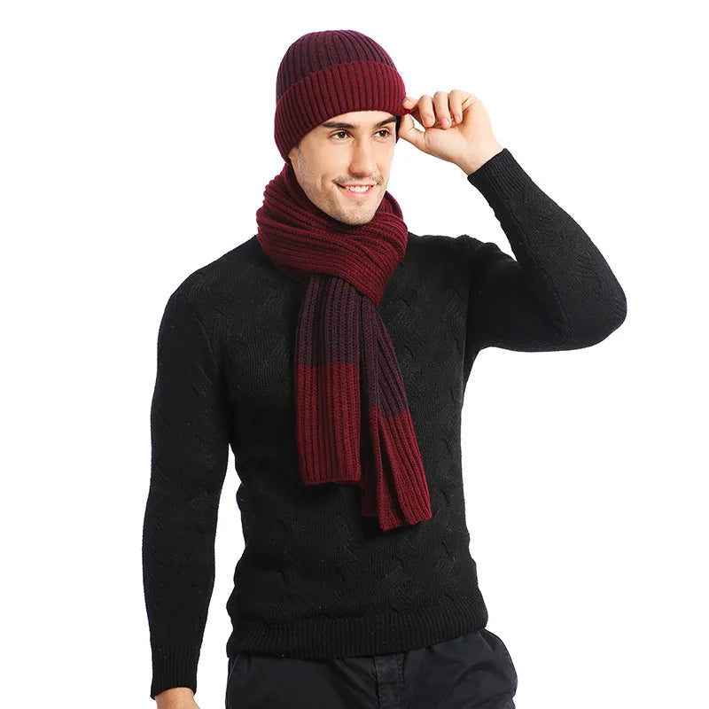 Werner Bordeaux Gestricktes Winter-Set Mütze Schal Handschuhe für Herren | Kontraststreifen Casual - Einheitsgrösse