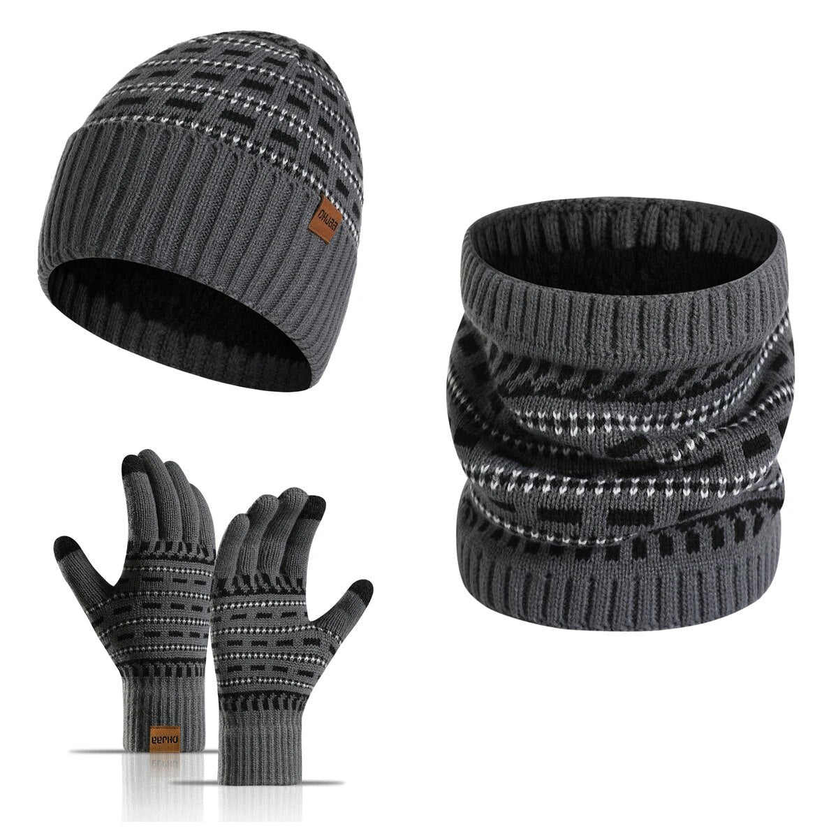 Theo Hellgrau Gefüttertes Strick-Winterset Mütze Schal Handschuhe für Herren | Winter Outdoor Casual - Einheitsgrösse
