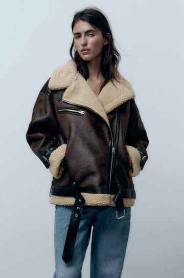 Genoveva Braun Oversized Bikerjacke Leder-Optik mit Sherpa-Futter für Damen | Winter Casual Stil - S/M/L