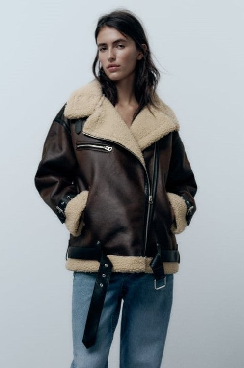 Genoveva Braun Oversized Bikerjacke Leder-Optik mit Sherpa-Futter für Damen | Winter Casual Stil - S/M/L