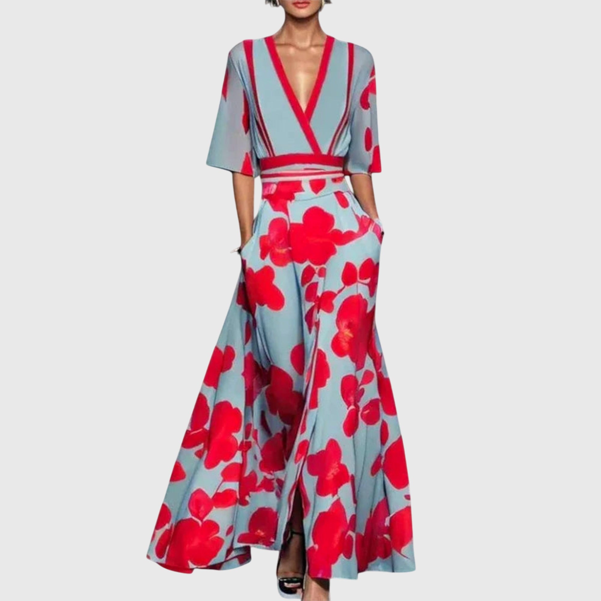 Silvia Rot Geblümtes Wickel-Maxikleid für Damen | Elegante A-Linie | Hochzeit und Abend - S/M/L/XL/2XL