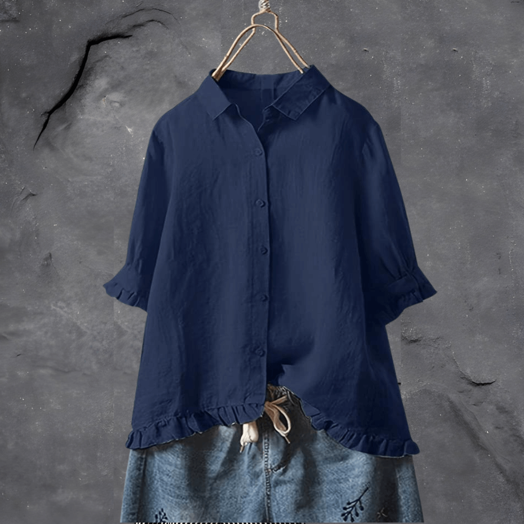 Monika Marineblau Rüschen-Saum Baumwoll-Leinen Hemd für Damen | Lockere Passform | Feminin und Vielseitig - S-5XL
