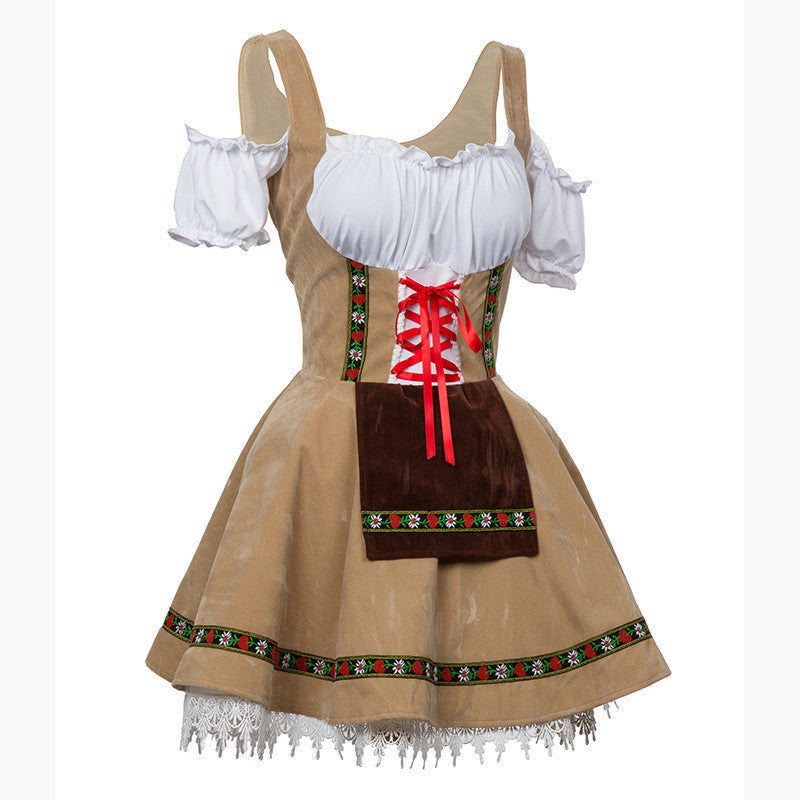 Vreni Beige Schulterfreies Dirndl Kleid mit Schnürmieder und Spitze für Damen | Oktoberfest Trachtenkleid - S/M/L/XL/2XL/3XL