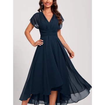 Annemarie Marine Chiffon A-Linien Kleid für Damen | Elegante Empire-Taille | Hochzeit Abendkleid - XS/S/M/L/XL/2XL/3XL/4XL