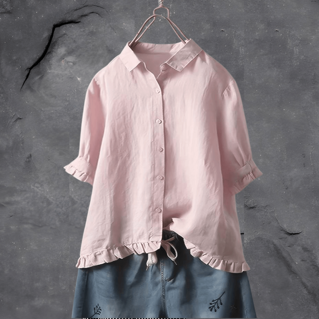 Monika Marineblau Rüschen-Saum Baumwoll-Leinen Bluse für Damen | Lockere Passform | Alltag & Freizeit - S-5XL