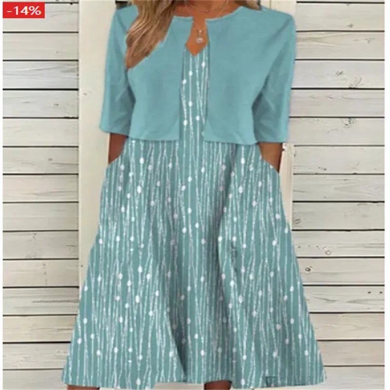 Monika Hellblau Blumen Zweiteiliges Midi-Kleid für Damen | Leichte Baumwollmischung | Frühling Sommer - S/M/L/XL/2XL