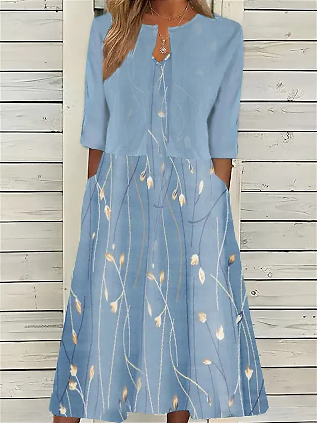 Monika Hellblau Blumen Zweiteiliges Midi-Kleid für Damen | Leichte Baumwollmischung | Frühling Sommer - S/M/L/XL/2XL