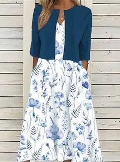 Monika Hellblau Blumen Zweiteiliges Midi-Kleid für Damen | Leichte Baumwollmischung | Frühling Sommer - S/M/L/XL/2XL