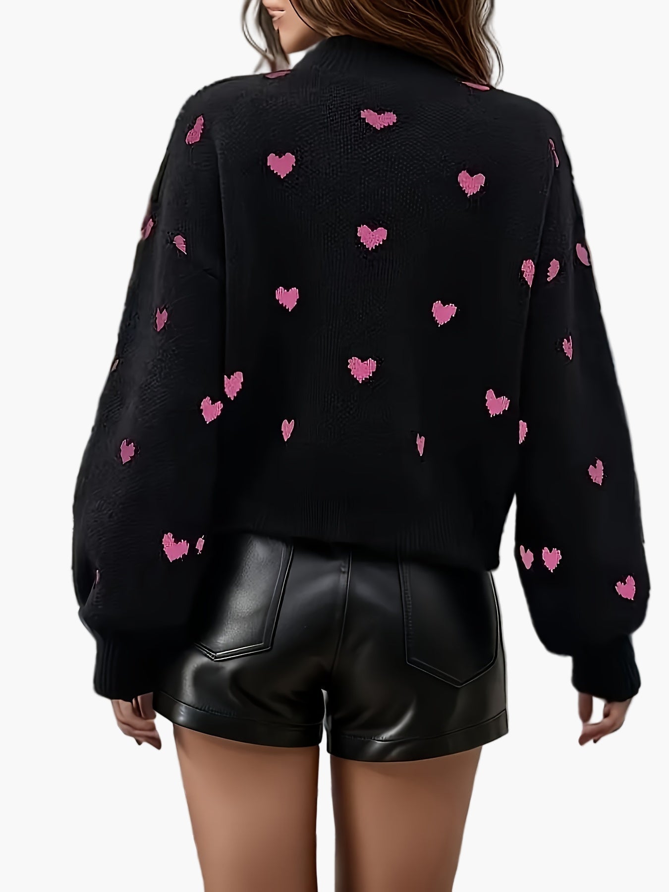 Lotti Schwarz Oversized Strickpullover mit Herzmuster für Damen | Romantischer Casual Stil - XS/S/M/L/XL