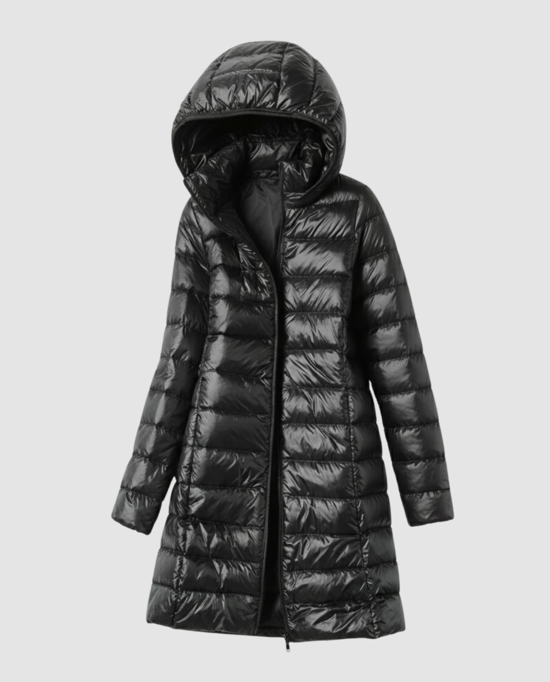 Vreni Schwarz Leichte Slim-Fit Daunenjacke mit Kapuze für Damen | Longline Entendaunen Winter - S/M/L/XL/2XL/3XL