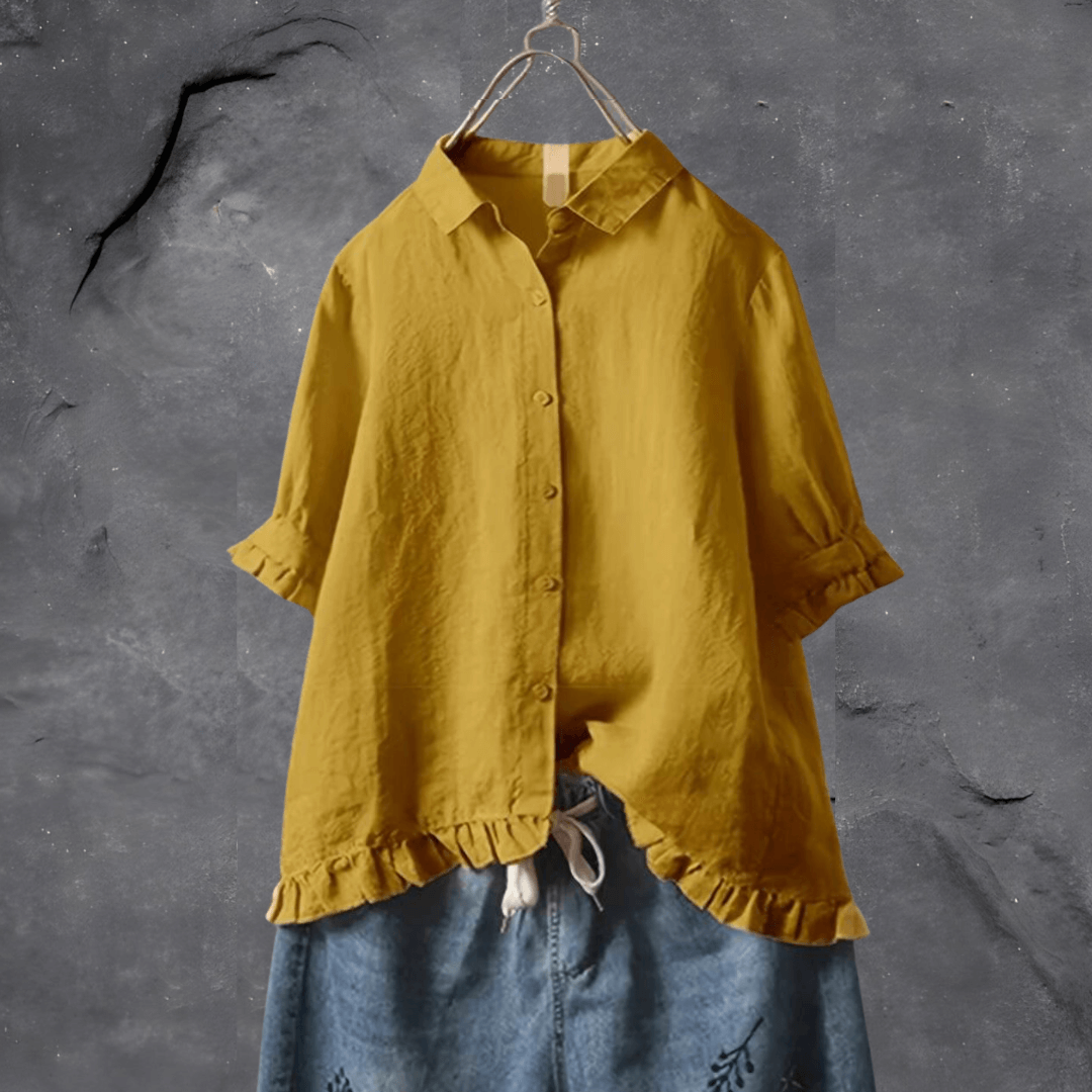 Monika Marineblau Rüschen-Saum Baumwoll-Leinen Bluse für Damen | Lockere Passform | Alltag & Freizeit - S-5XL