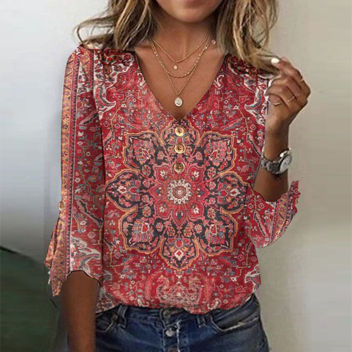 Rosemarie Rot Boho-Bluse mit V-Ausschnitt und Glockenärmeln für Damen | Leichte feminine Passform | Alltag & Reisen | Ornamentprint - S-5XL