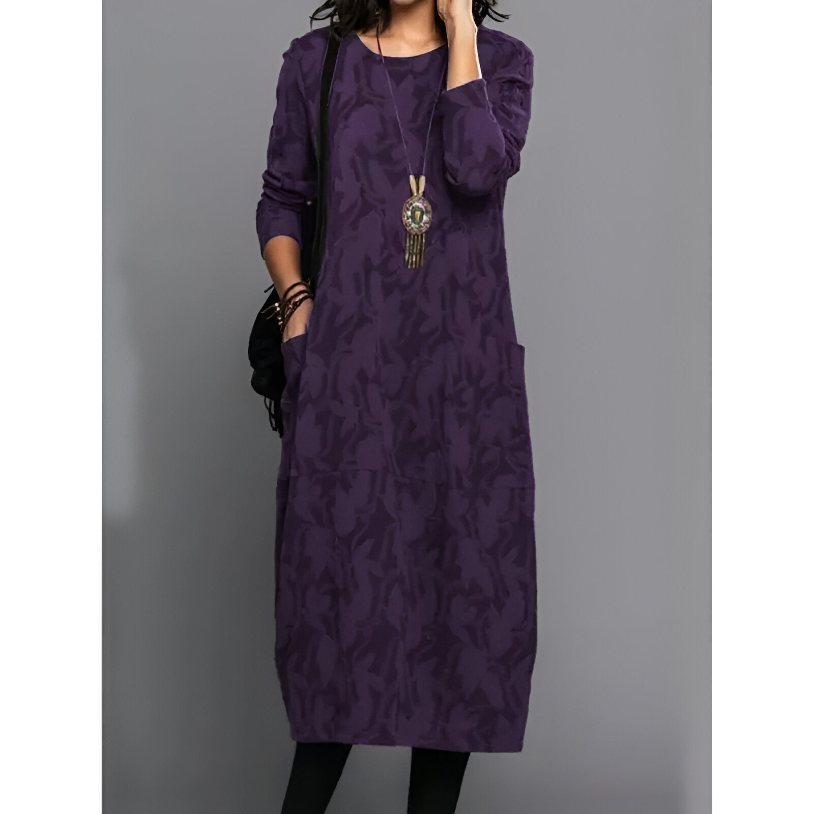 Monika Grün Blattmuster Jacquard Midi Kleid für Damen | Entspannter Komfort Herbst-Winter | Alltag & Abend - S-5XL