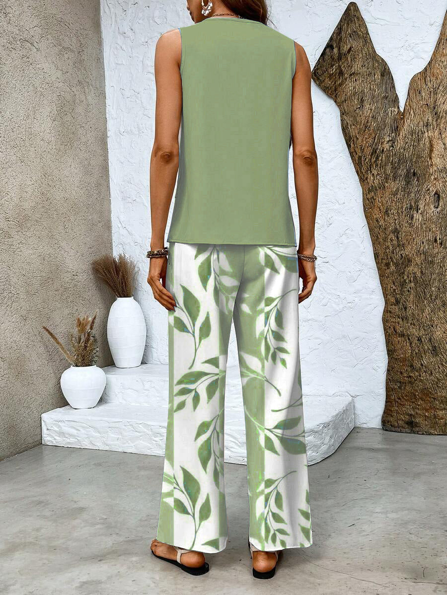 Monika Grünes Blatt Ärmellos Blattdruck Zweiteiler Damen-Set | Leichter Fliessender Look | Sommer Casual - S-3XL