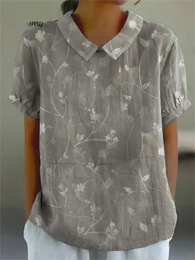 Monika Khaki Floral Peter-Pan-Kragen Bluse für Damen | Leichte Entspannte Passform | Alltag & Sommer - S/M/L/XL/2XL