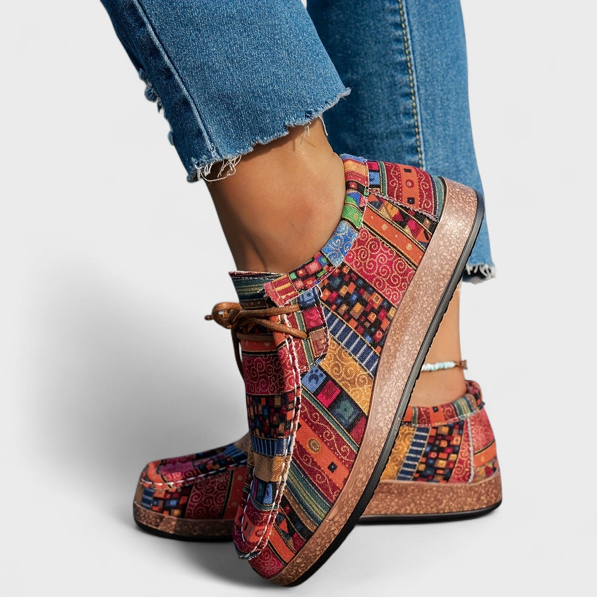Hanna Rot Ethnisches Patchwork Lace-Up Plateau-Sneaker für Damen | Leichter Komfort Boho-Stil