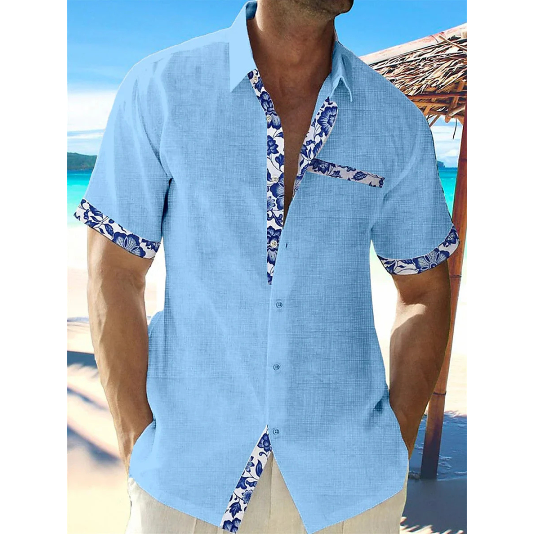Rolf Weiss Leinenoptik Kurzarmhemd für Herren | Geblümte Kontrastdetails Casual Fit | Urlaub Sommer - S-5XL