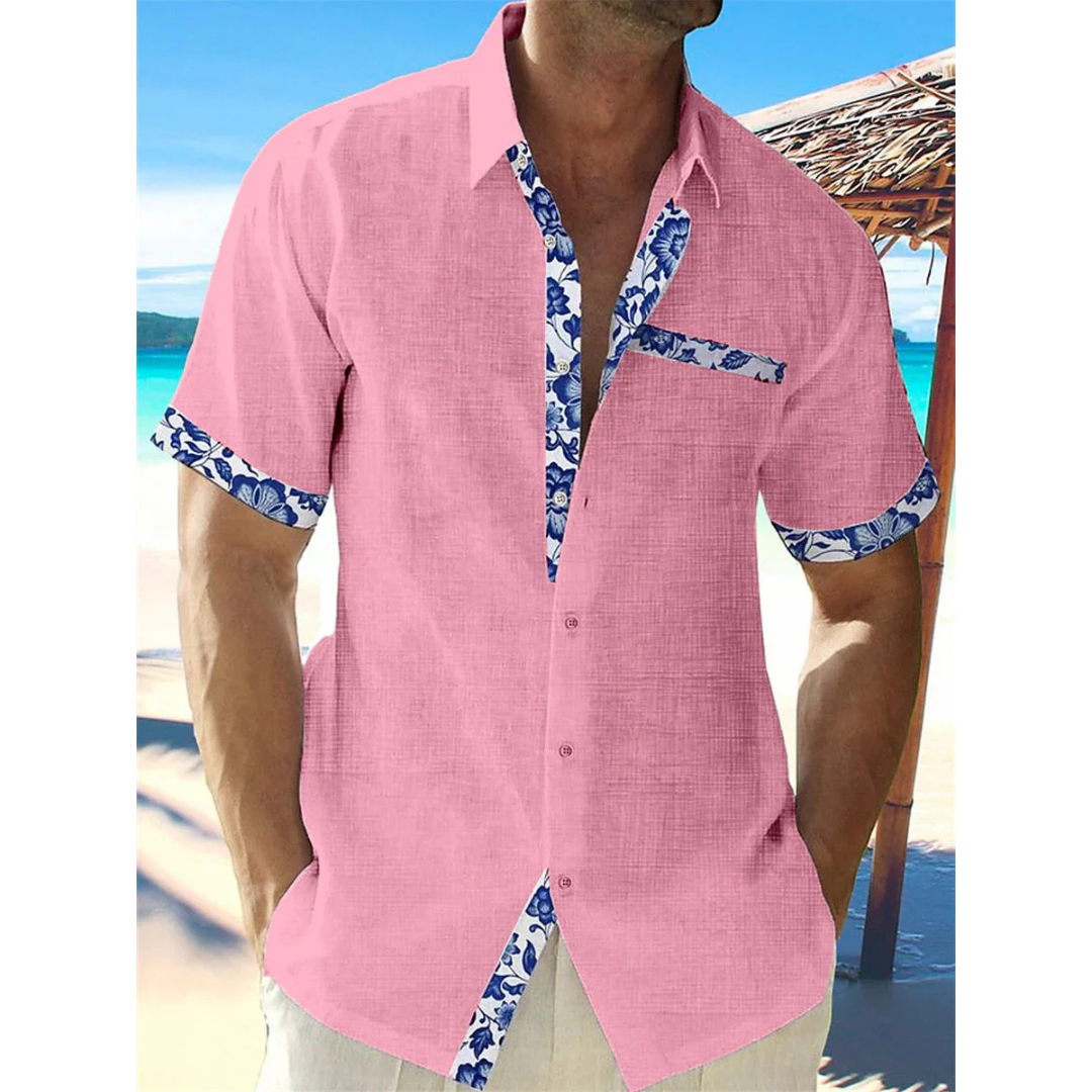 Rolf Weiss Leinenoptik Kurzarmhemd für Herren | Geblümte Kontrastdetails Casual Fit | Urlaub Sommer - S-5XL