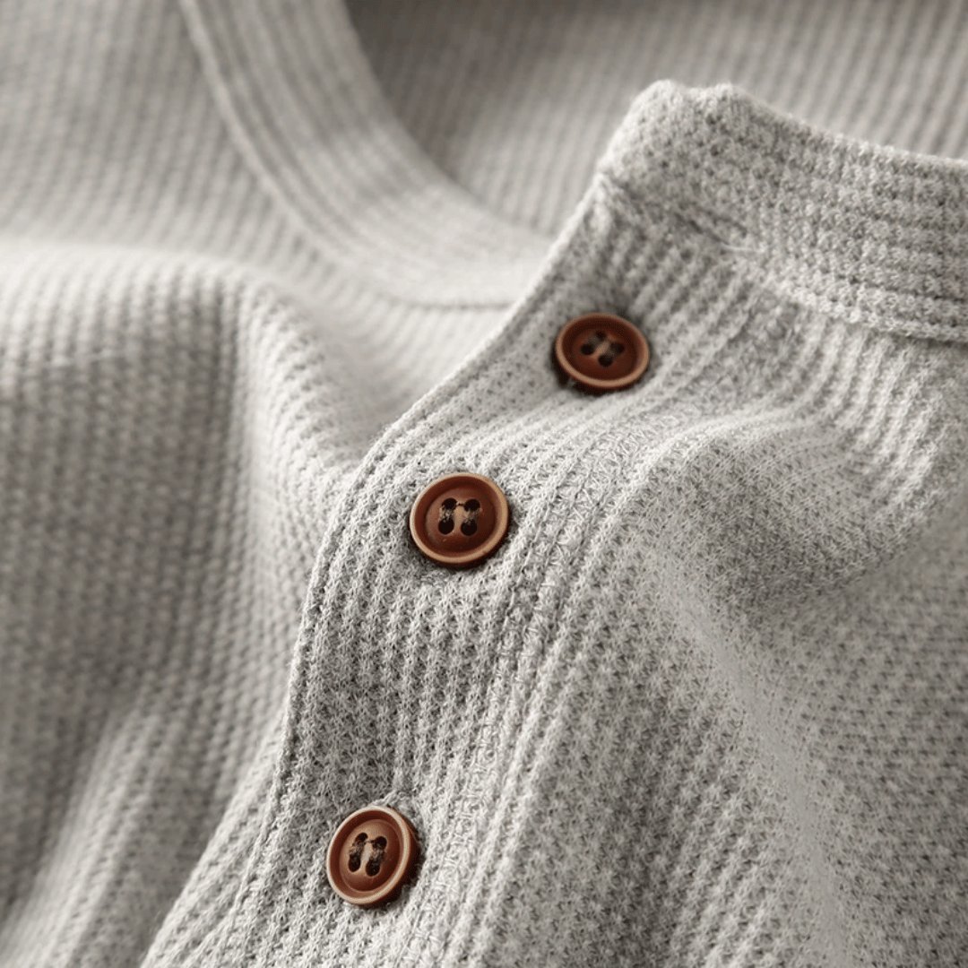 Werner Grau Geripptes Langarm-Henley-Shirt für Herren | Entspannter Komfort | Alltag & Freizeit - S/M/L/XL/2XL