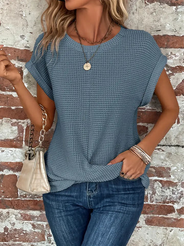 Monika Blau Waffelstrick-Top mit gerollten Ärmeln für Damen | Lässig-elegante Passform | Alltag & Freizeit - XS/S/M/L/XL/2XL