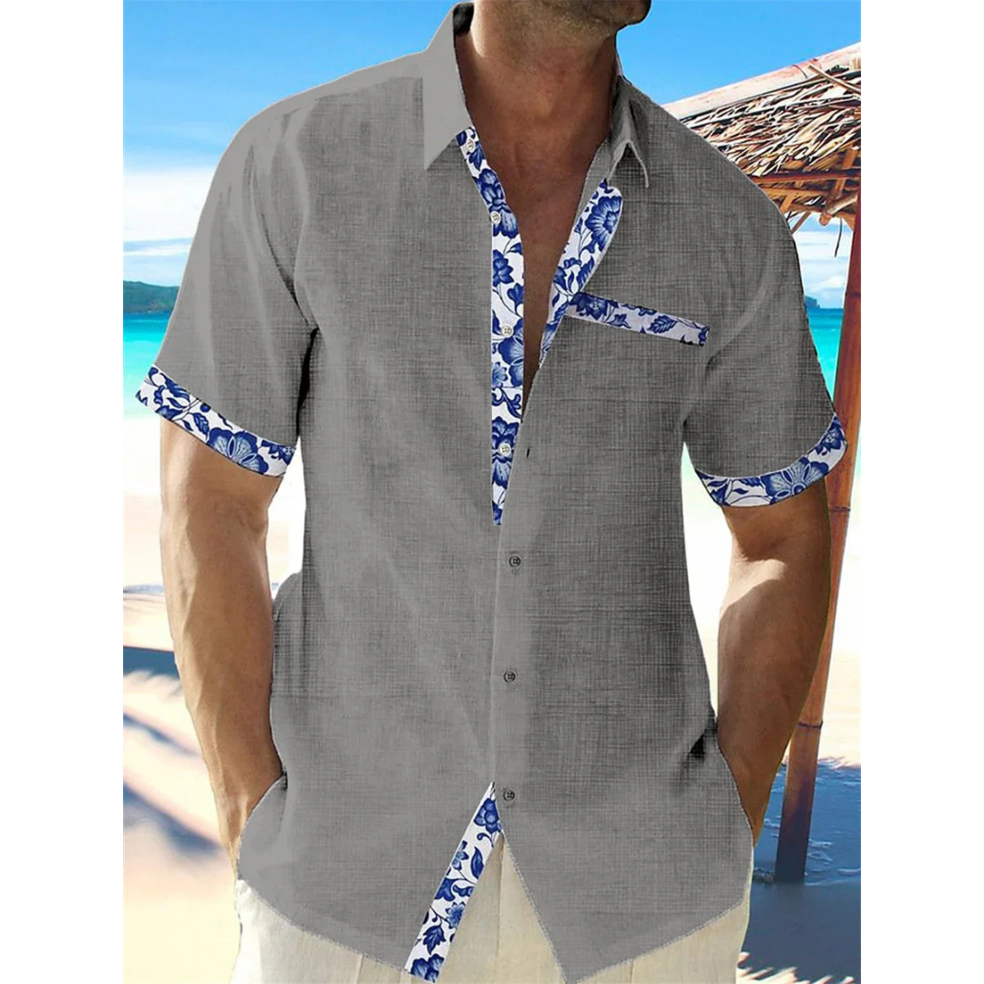 Rolf Weiss Leinenoptik Kurzarmhemd für Herren | Geblümte Kontrastdetails Casual Fit | Urlaub Sommer - S-5XL