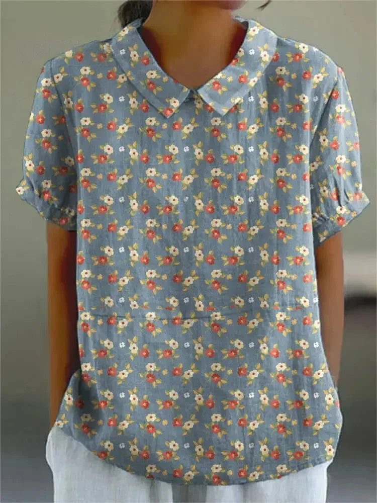 Monika Khaki Floral Peter-Pan-Kragen Bluse für Damen | Leichte Entspannte Passform | Alltag & Sommer - S/M/L/XL/2XL