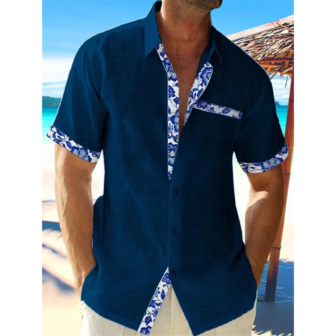 Rolf Weiss Leinenoptik Kurzarmhemd für Herren | Geblümte Kontrastdetails Casual Fit | Urlaub Sommer - S-5XL