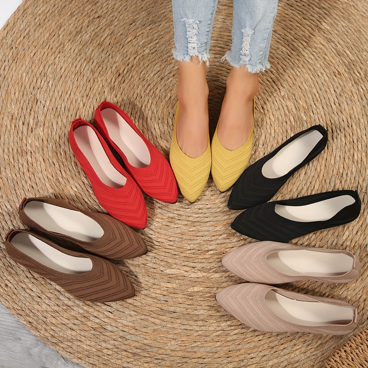 Nadine Aprikose Gestrickte Spitzschuh Flats für Damen | Leichter Slip-On Komfort | Alltag und Büro - 35/36/37/38/39/40/41/42/43