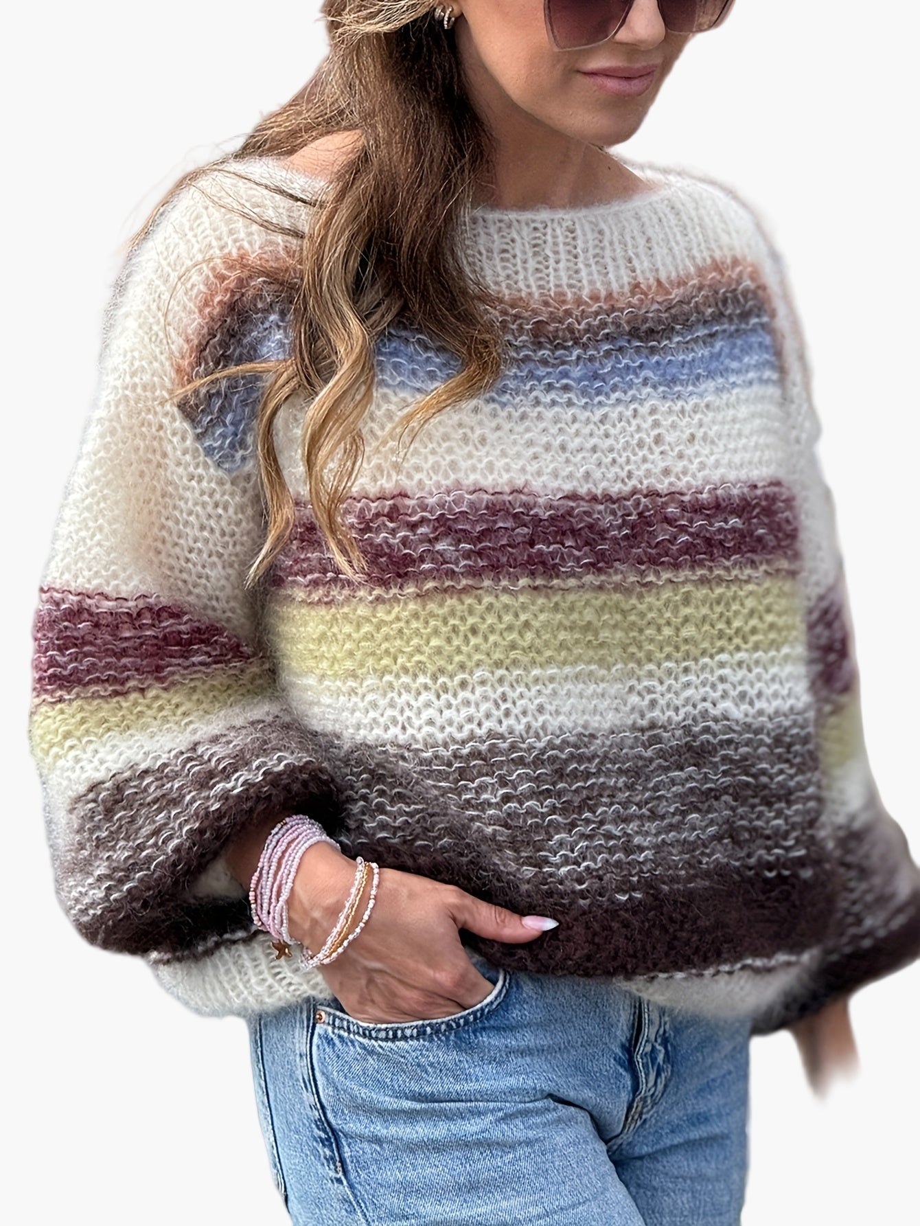 Nora Mehrfarbig Gestreifter Oversized Strickpullover für Damen | Herbst Winter Casual Stil - S/M/L