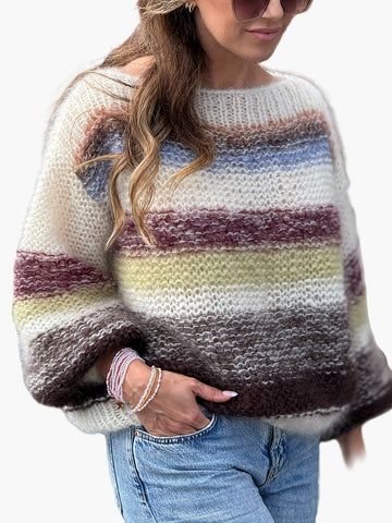 Nora Mehrfarbig Gestreifter Oversized Strickpullover für Damen | Herbst Winter Casual Stil - S/M/L